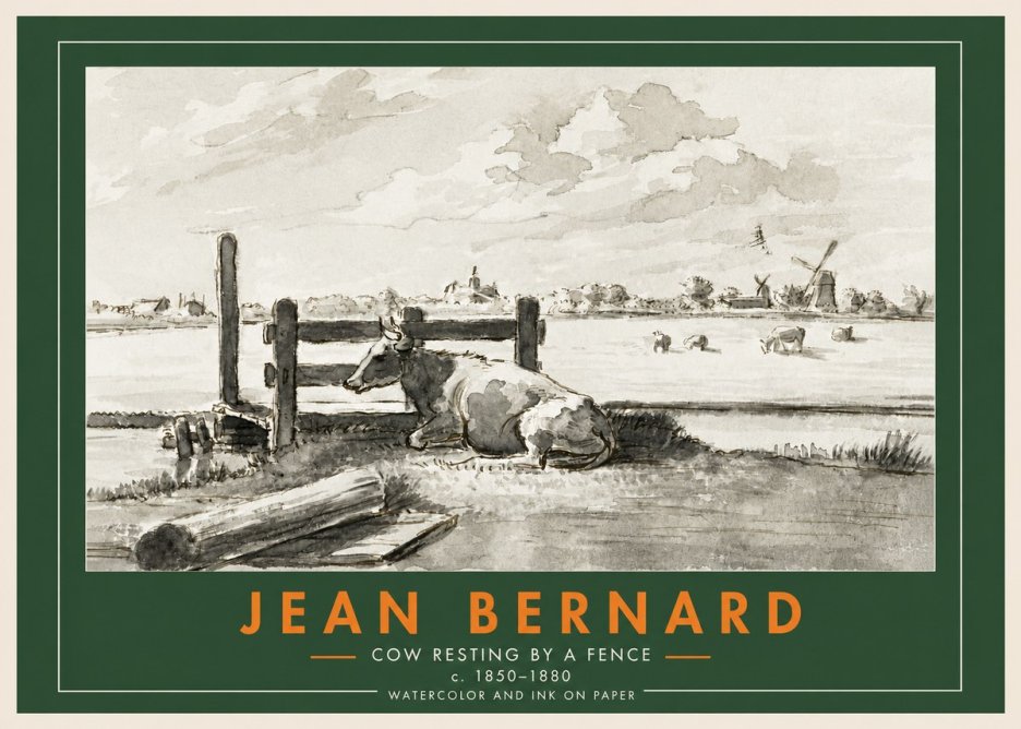 Jean Bernard Cow Resting by a Fence No3 - Plakat