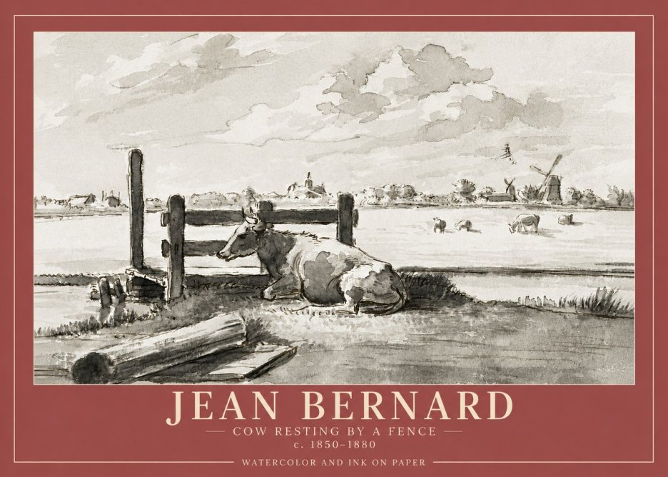 Jean Bernard Cow Resting by a Fence No4 - Plakat