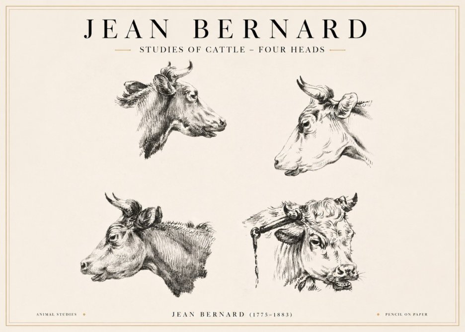Jean Bernard Studies of Cattle - Four Heads No1 - Plakat