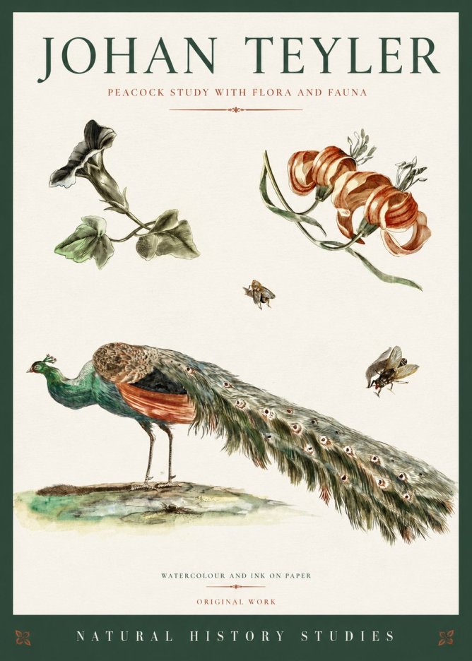 Johan Teyler Peacock Study with Flora and Fauna No3 - Plakat