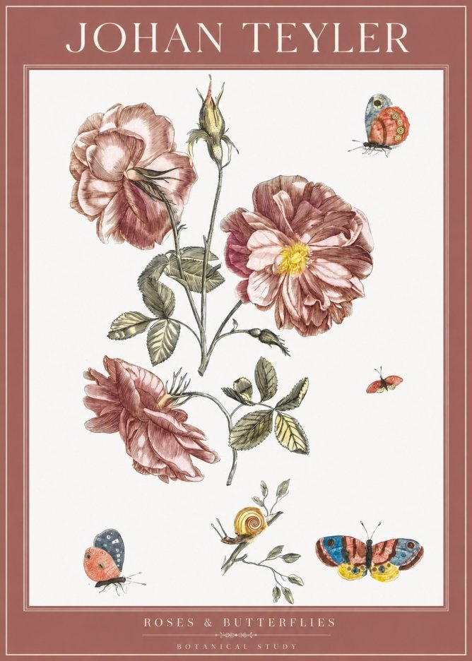 Johan Teyler Roses & Butterflies - Botanical Study No1 - Plakat