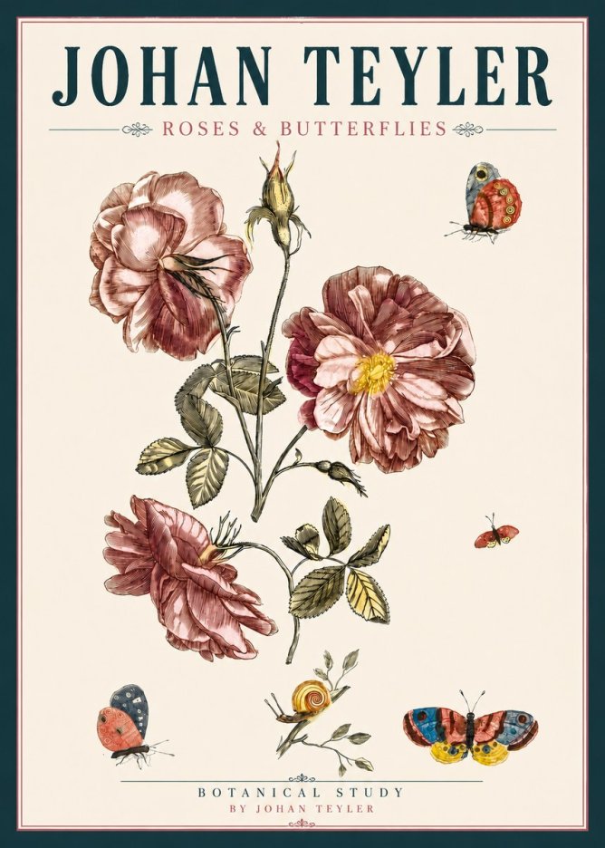 Johan Teyler Roses & Butterflies - Botanical Study No4 - Plakat