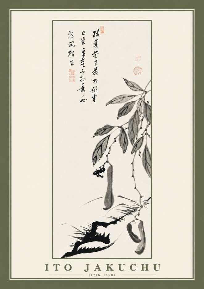 Itō Jakuchū Branch with Pods and Calligraphy No2 - Plakat