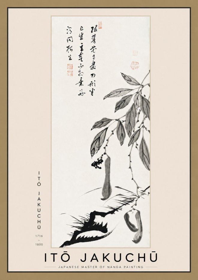Itō Jakuchū Branch with Pods and Calligraphy No3 - Plakat
