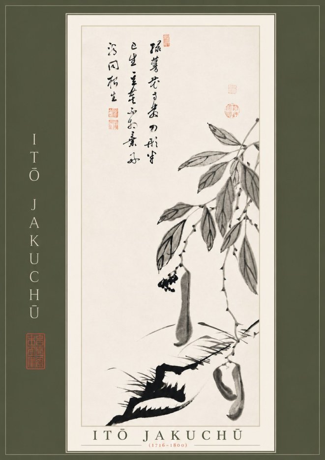Itō Jakuchū Branch with Pods and Calligraphy No4 - Plakat