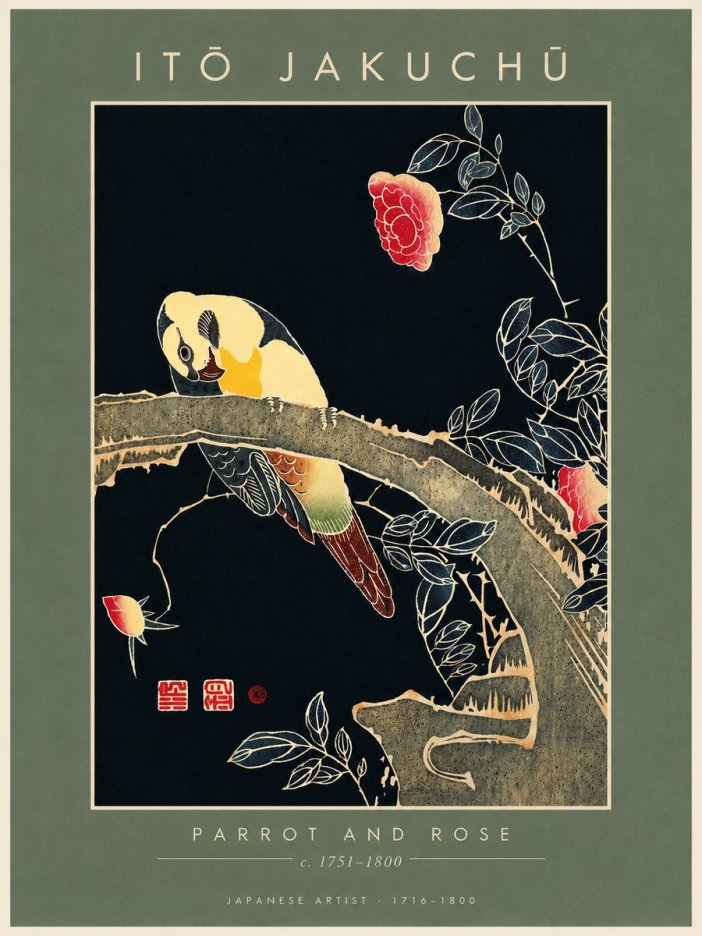 Itō Jakuchū Parrot and Rose No4 - Plakat