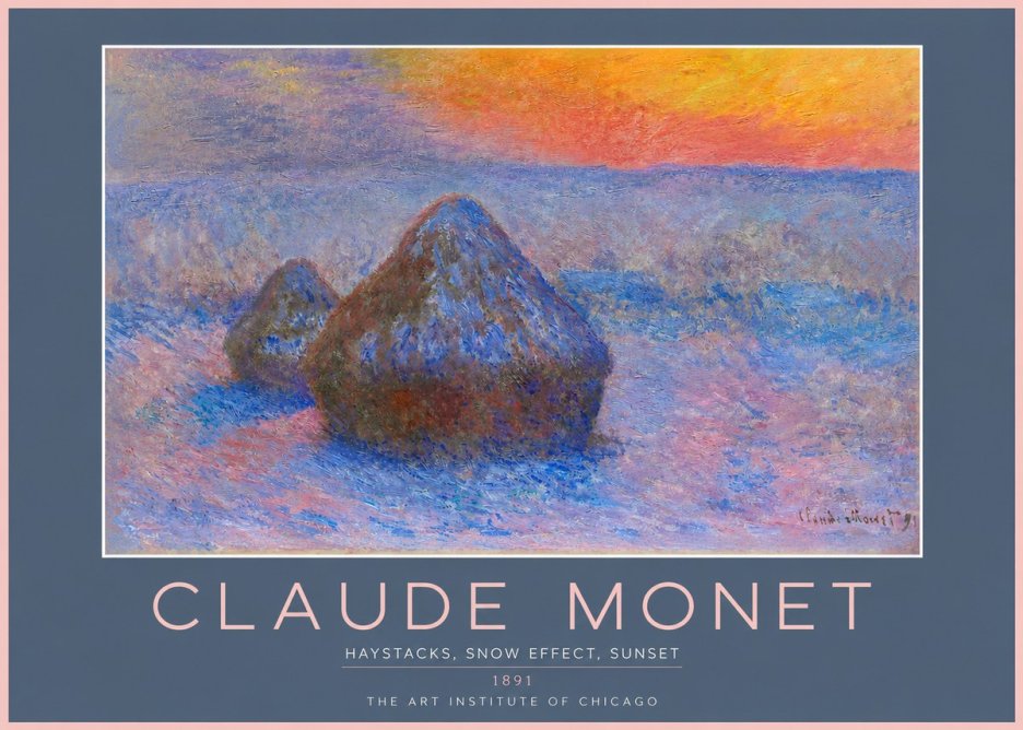 Monet Haystacks, Snow Effect, Sunset No2 - Plakat