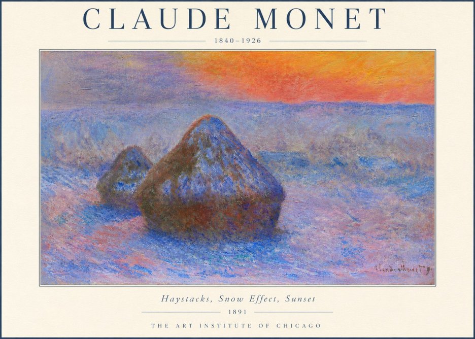 Monet Haystacks, Snow Effect, Sunset No3 - Plakat