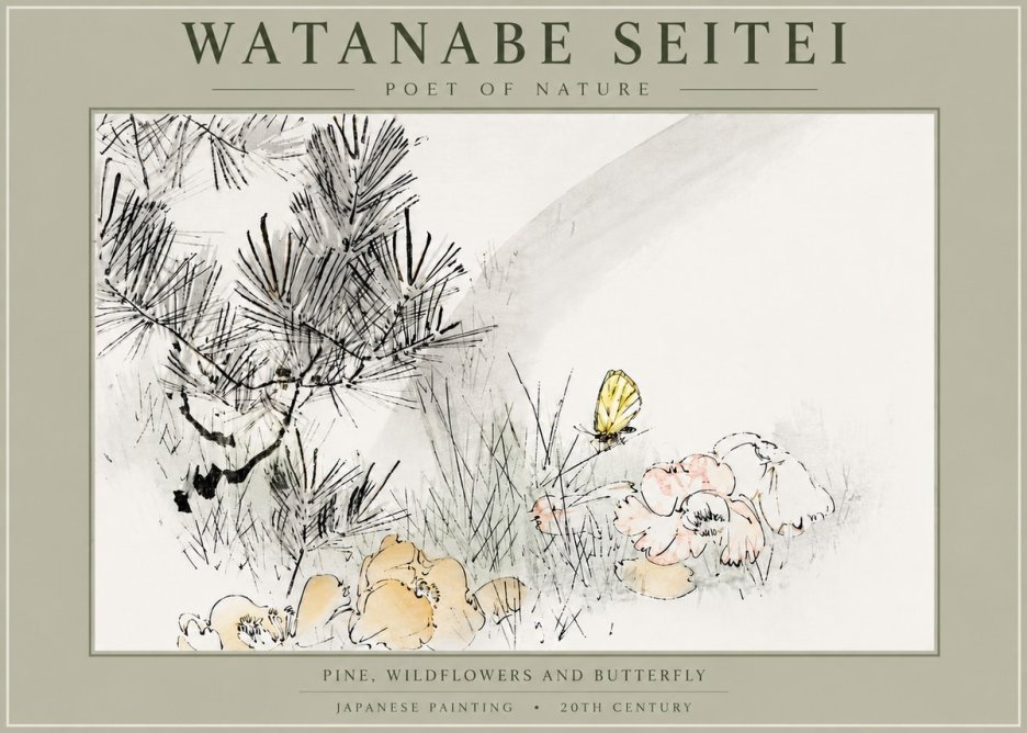 Watanabe Seitei Pine, Wildflowers and Butterfly No5 - Plakat