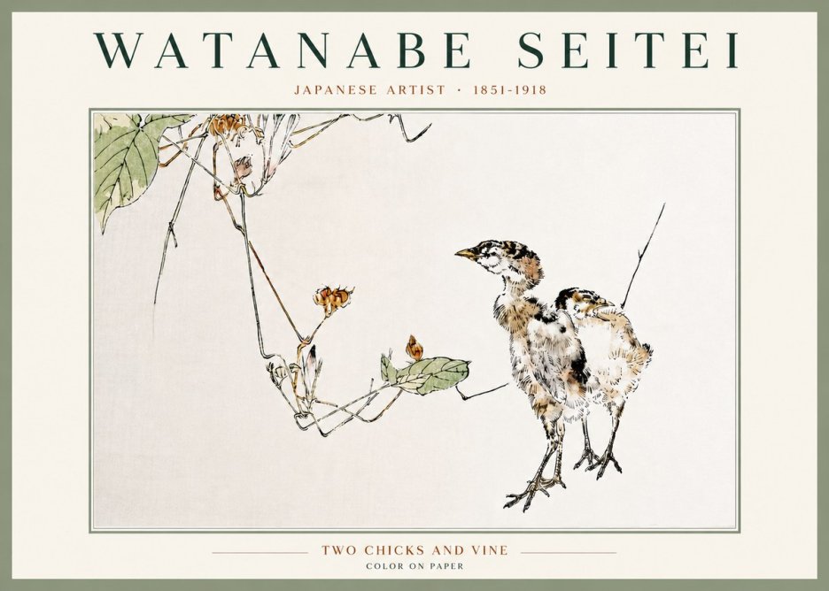 Watanabe Seitei Two Chicks and Vine No4 - Plakat