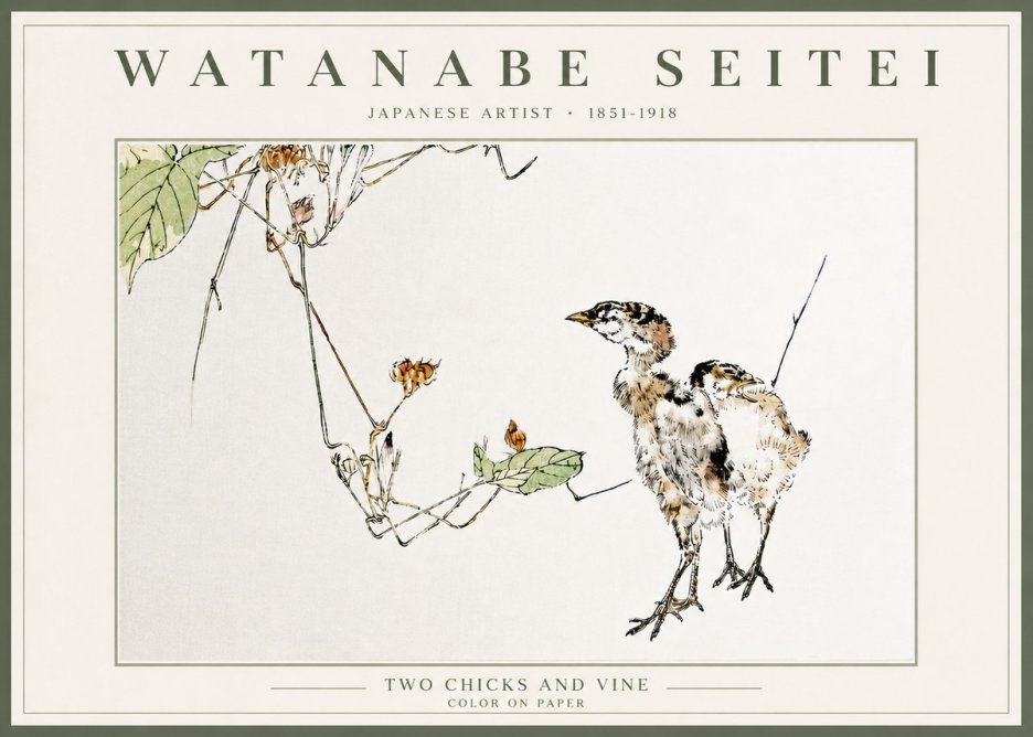 Watanabe Seitei Two Chicks and Vine No5 - Plakat