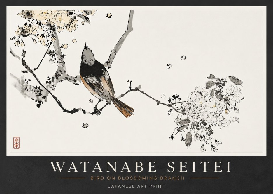 Watanabe Seitei Bird on Blossoming Branch No6 - Plakat