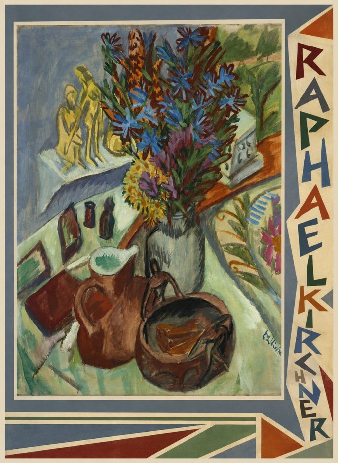 Raphael Kirchner Still Life with Blue Flowers and Figurines No2 - Plakat