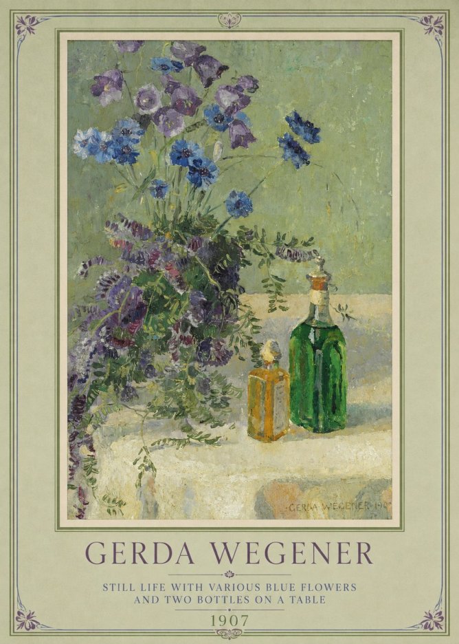 Gerda Wegener Still Life with Various Blue Flowers and Two Bottles on a Table No1 - Plakat