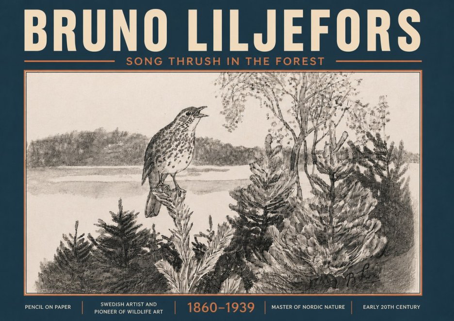 Bruno Liljefors Song Thrush in the Forest No6 - Plakat