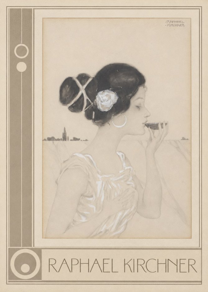 Raphael Kirchner Elegant Lady with Rose and Cup No3 - Plakat