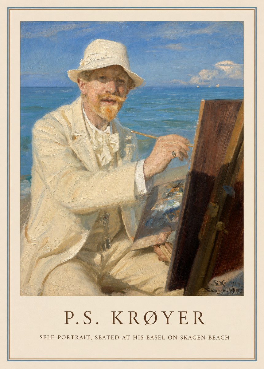 P.S. Krøyer Self-portrait, Seated at His Easel on Skagen Beach No1 - Plakat