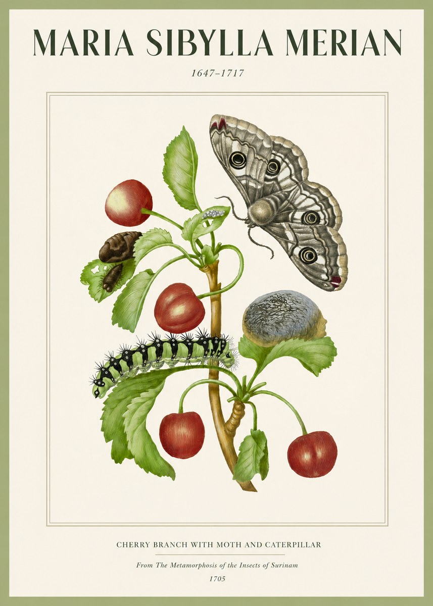 Maria Sibylla Merian Cherry Branch with Moth and Caterpillar No2 - Plakat
