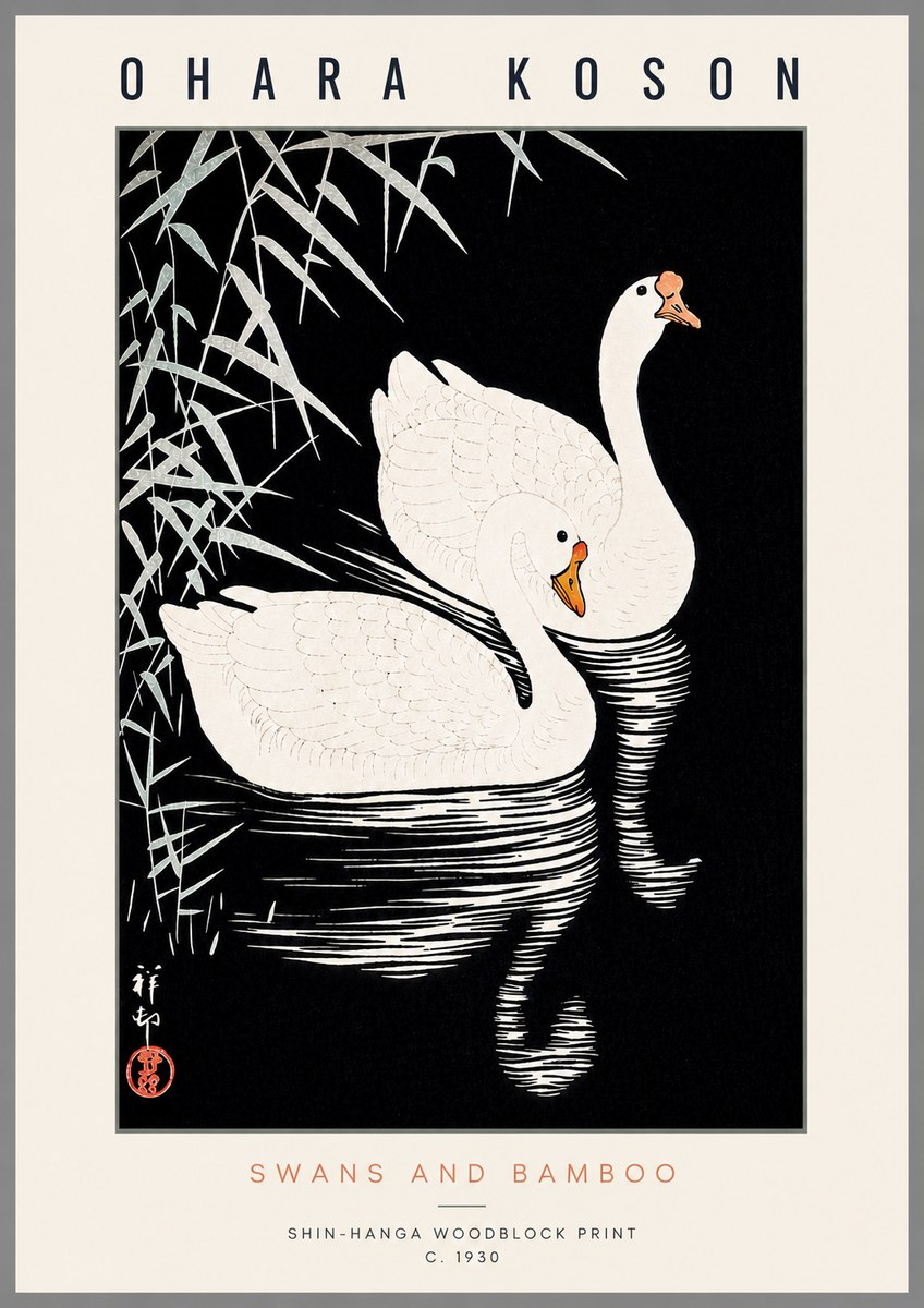 Ohara Koson Swans and Bamboo No6 - Plakat