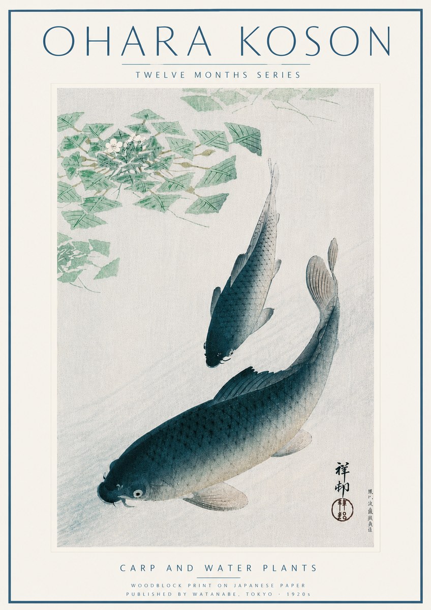 Ohara Koson Carp and Water Plants No6 - Plakat