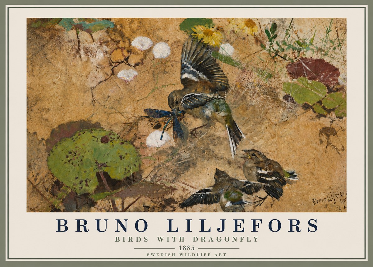 Bruno Liljefors Birds with Dragonfly No4 - Plakat