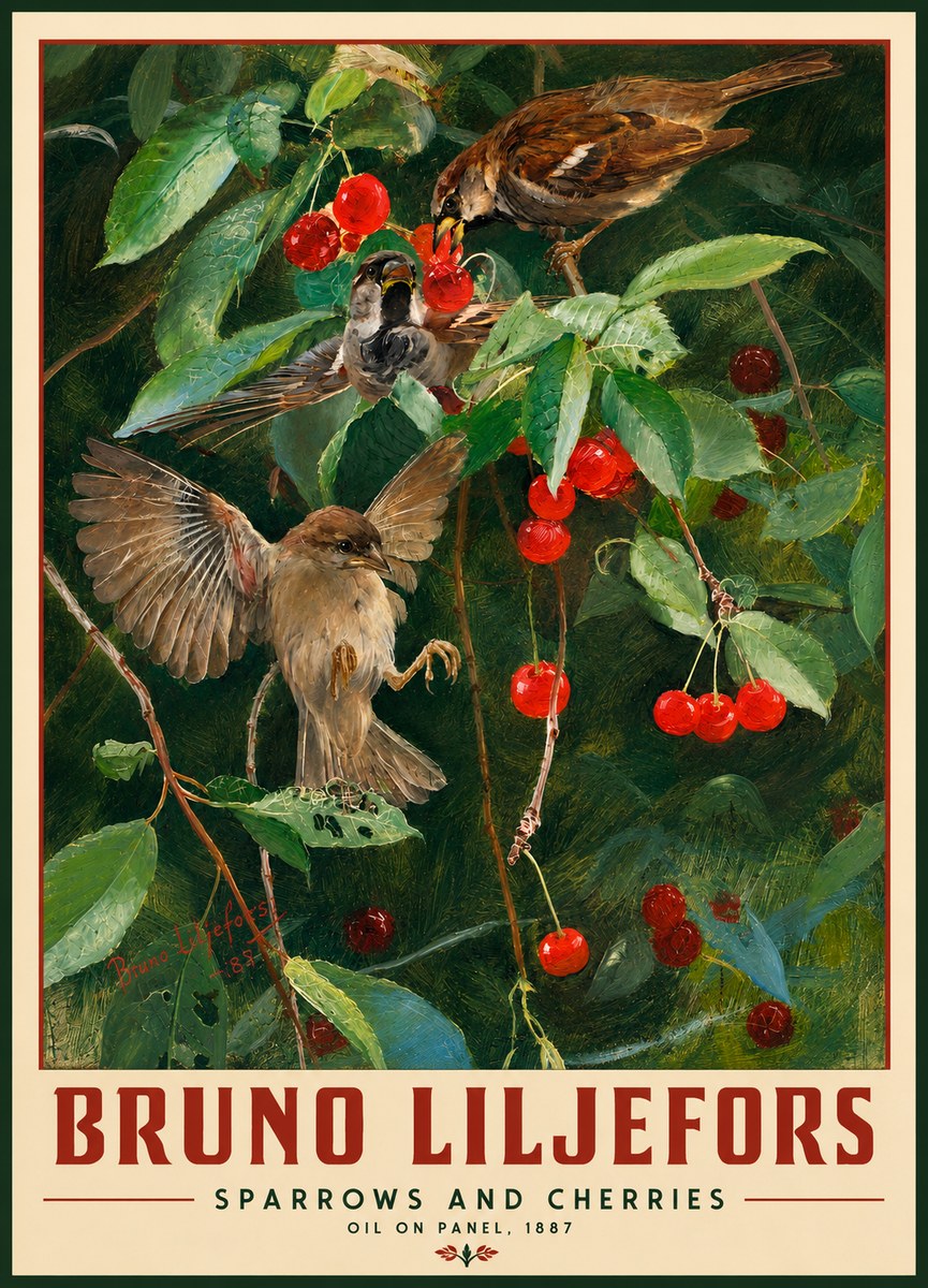 Bruno Liljefors Sparrows and Cherries No2 - Plakat
