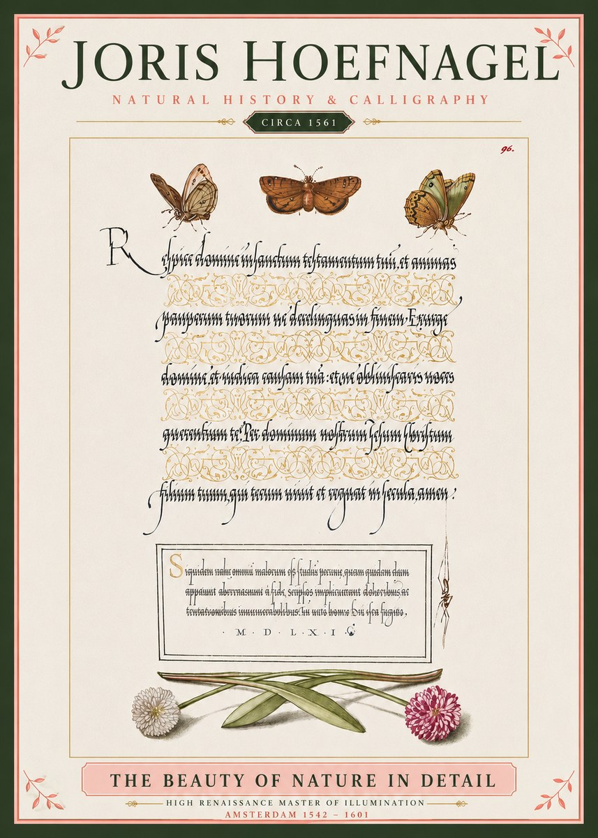 Joris Hoefnagel Butterflies, Flowers and Calligraphy Page No4 - Plakat