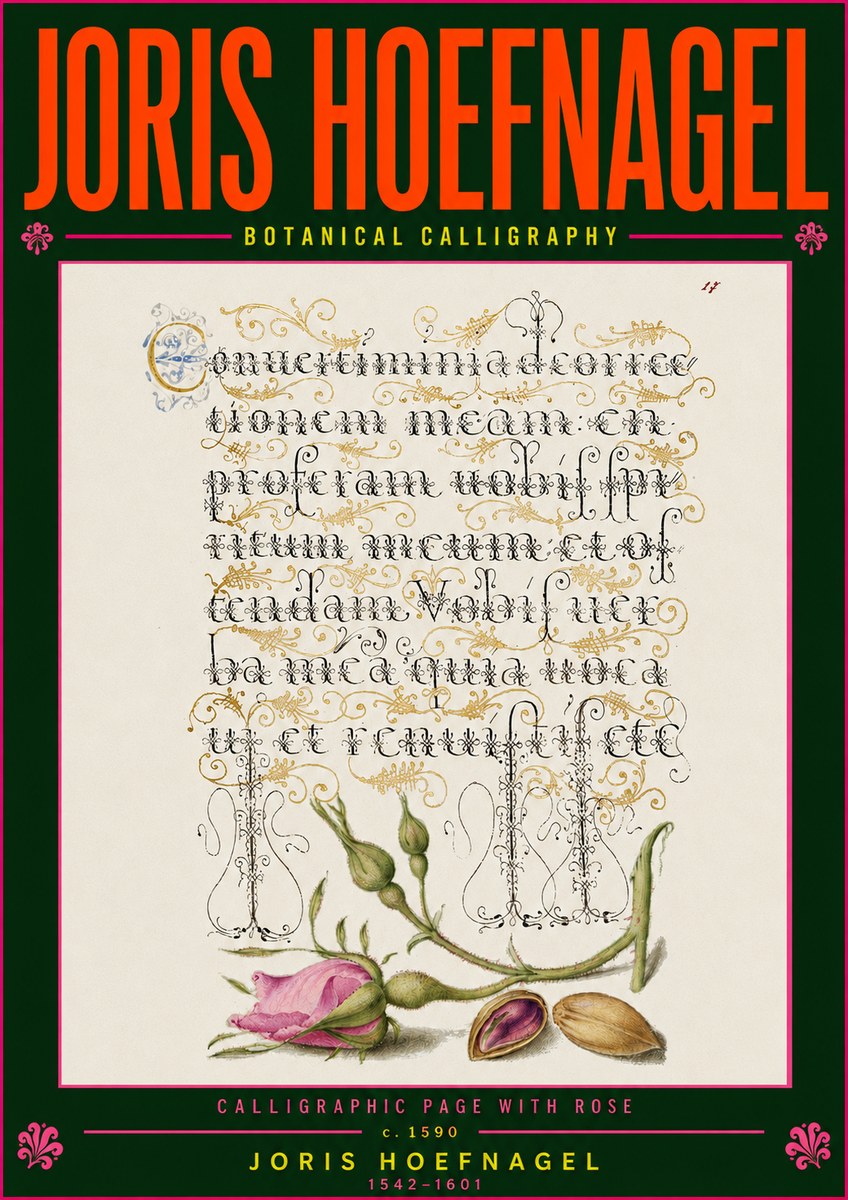 Joris Hoefnagel Calligraphic Page with Rose No5 - Plakat