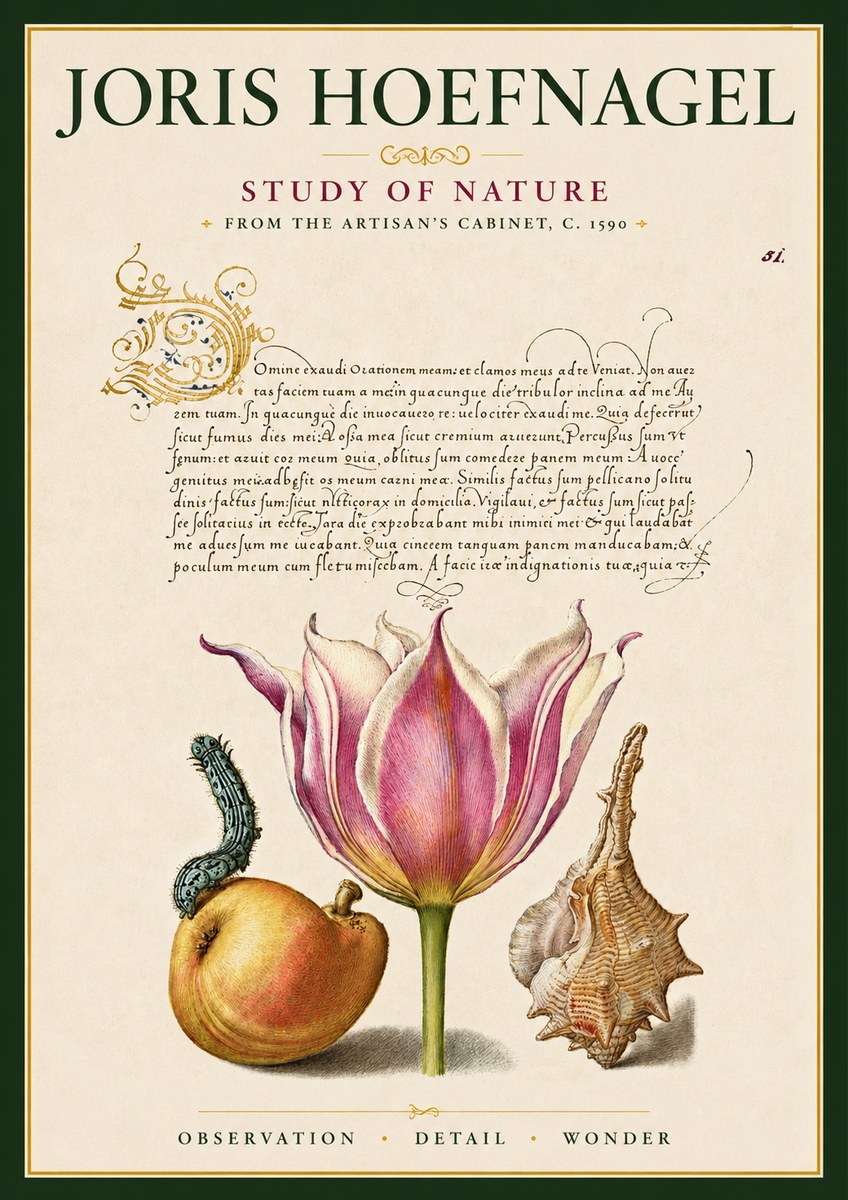 Joris Hoefnagel Tulip, Peach, Caterpillar & Seashell No6 - Plakat
