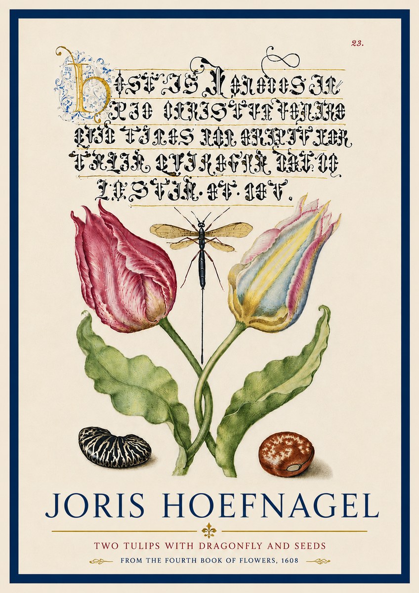 Joris Hoefnagel Two Tulips with Dragonfly and Seeds No6 - Plakat
