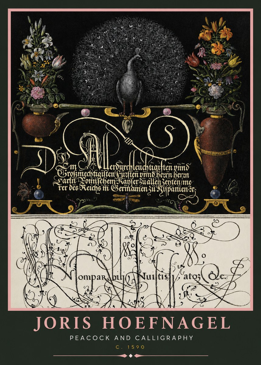 Joris Hoefnagel Peacock and Calligraphy No2 - Plakat