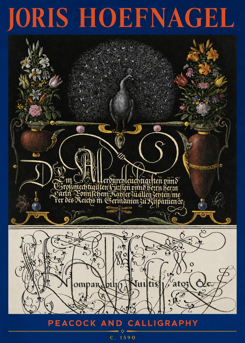 Joris Hoefnagel Peacock and Calligraphy No3 - Plakat