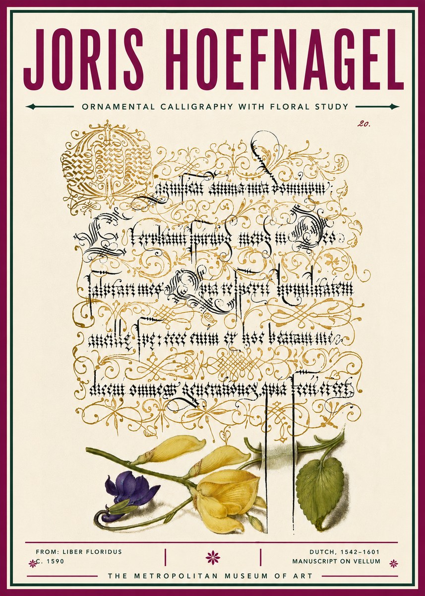 Joris Hoefnagel Ornamental Calligraphy with Floral Study No6 - Plakat