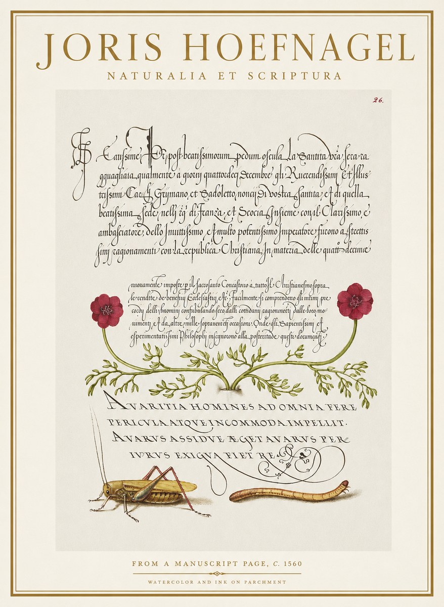 Joris Hoefnagel Illuminated Page with Flowers, Insects & Latin Script No2 - Plakat