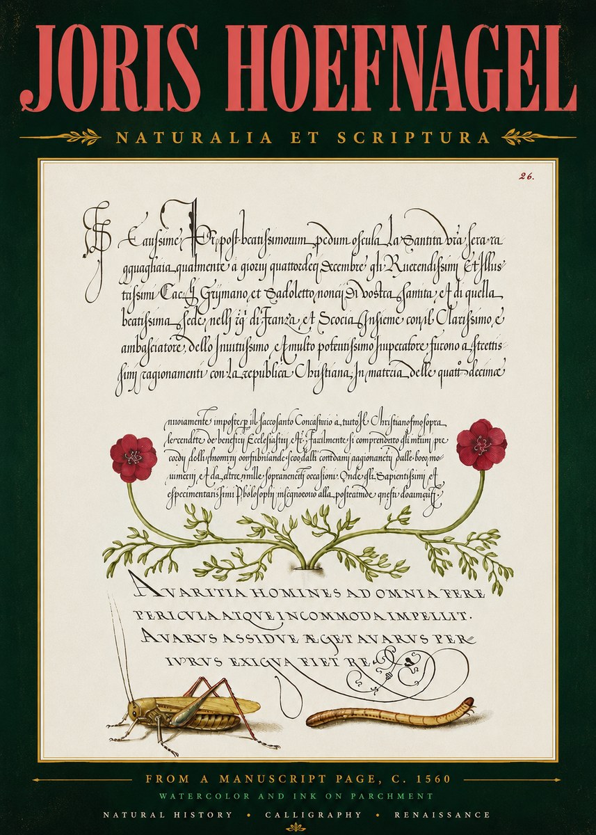 Joris Hoefnagel Illuminated Page with Flowers, Insects & Latin Script No5 - Plakat