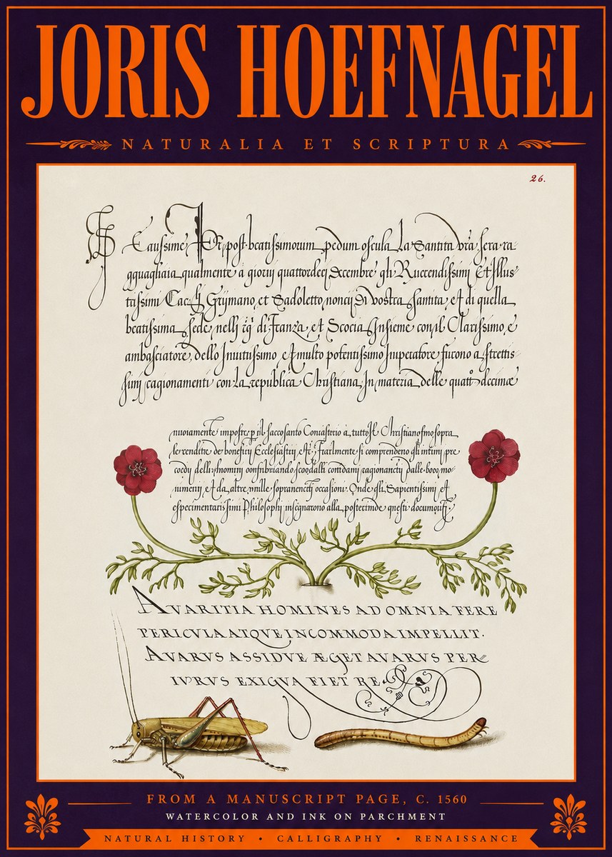 Joris Hoefnagel Illuminated Page with Flowers, Insects & Latin Script No6 - Plakat