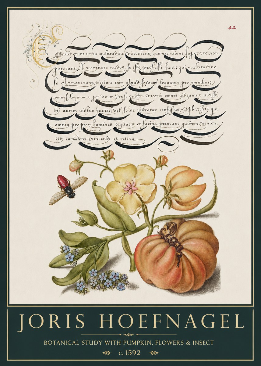 Joris Hoefnagel Botanical Study with Pumpkin, Flowers & Insect No3 - Plakat