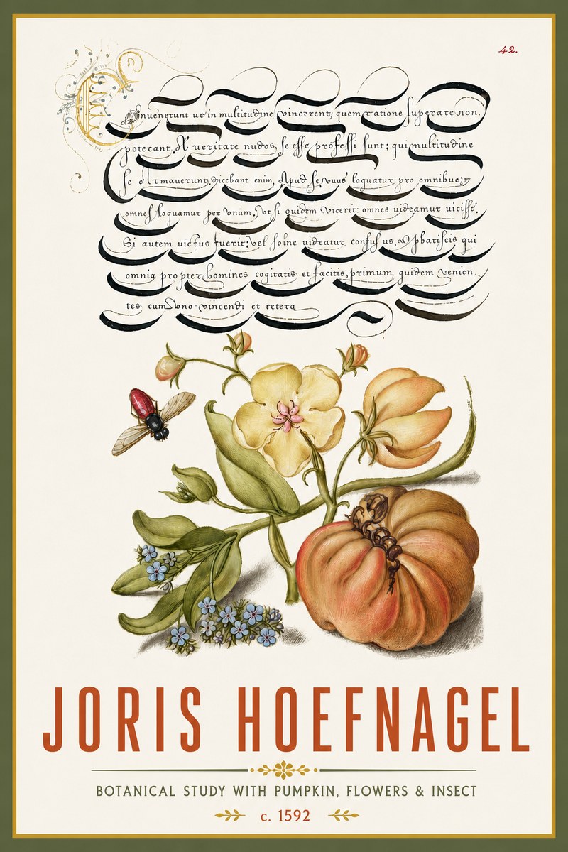 Joris Hoefnagel Botanical Study with Pumpkin, Flowers & Insect No4 - Plakat