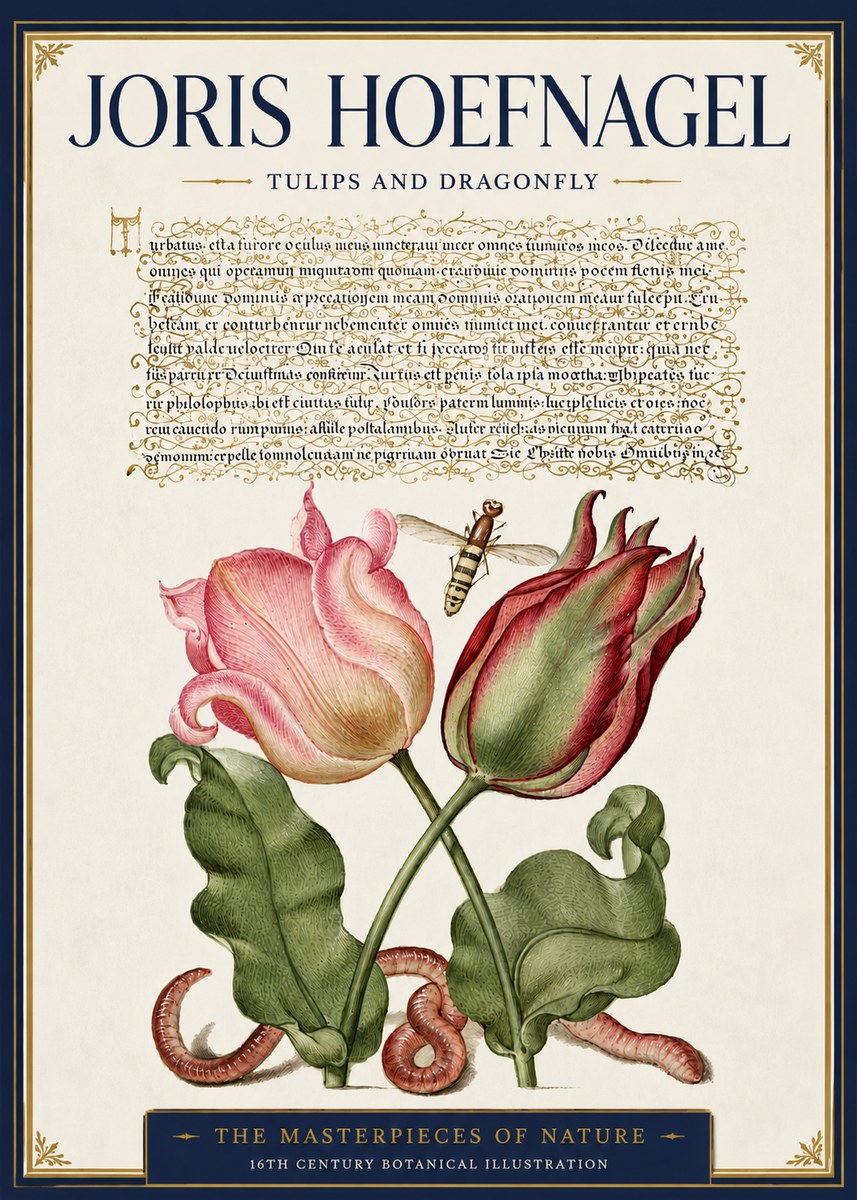Joris Hoefnagel Two Tulips with Caterpillars and Dragonfly No6 - Plakat