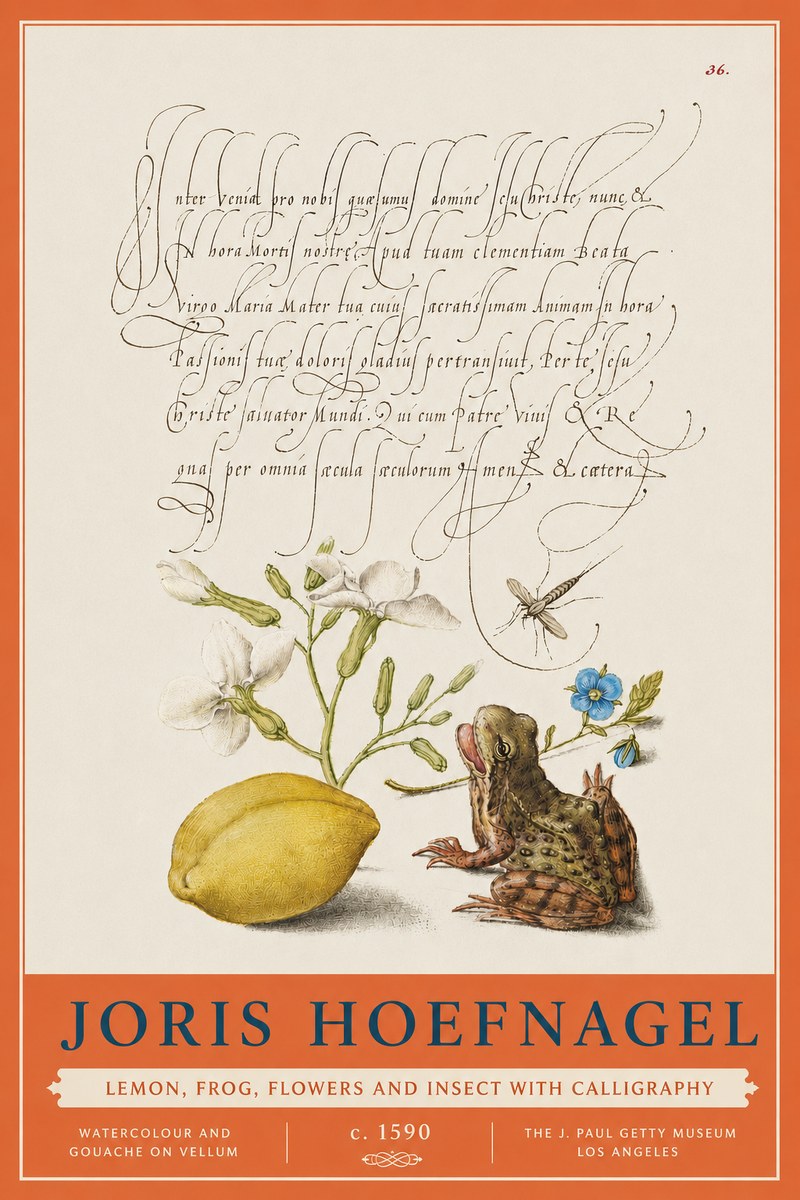 Joris Hoefnagel Nature Study with Lemon, Flowers, Frog & Insect No5 - Plakat
