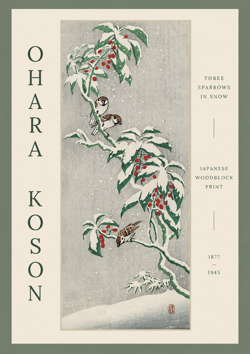 Ohara Koson Three Sparrows in Snow No3 - Plakat
