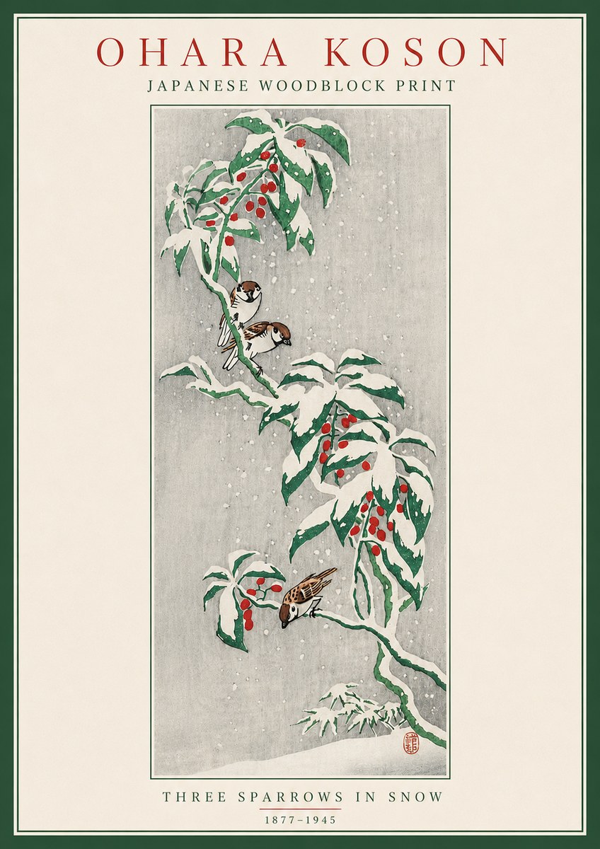 Ohara Koson Three Sparrows in Snow No5 - Plakat