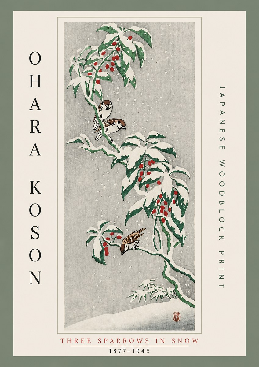 Ohara Koson Three Sparrows in Snow No6 - Plakat