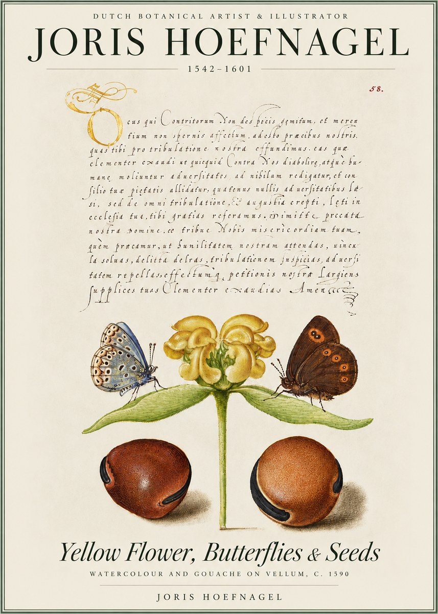 Joris Hoefnagel Yellow Flower, Butterflies & Seeds No4 - Plakat