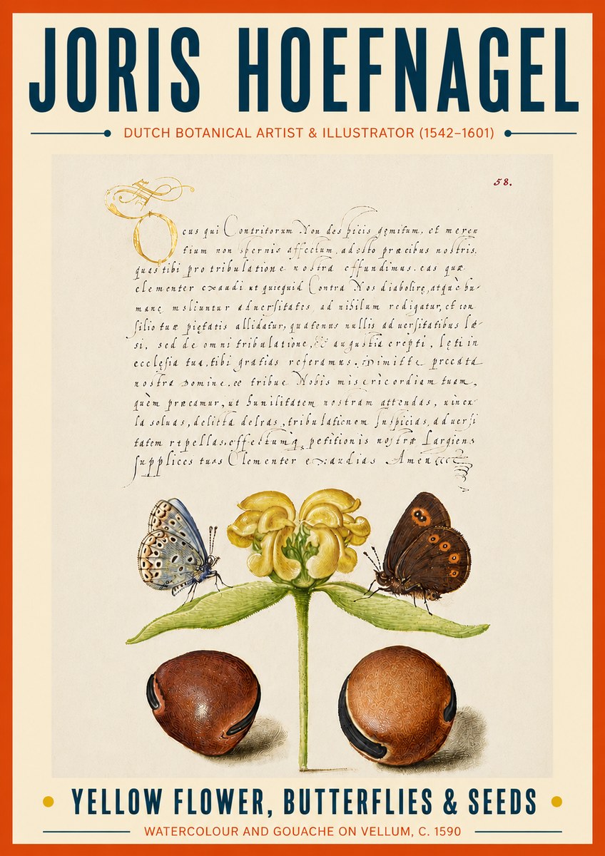 Joris Hoefnagel Yellow Flower, Butterflies & Seeds No6 - Plakat