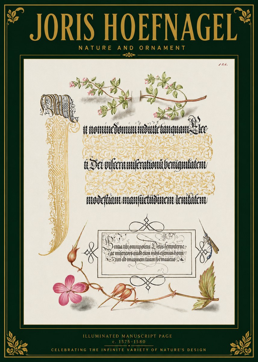 Joris Hoefnagel Illuminated Manuscript Page with Flowers and Insect No3 - Plakat