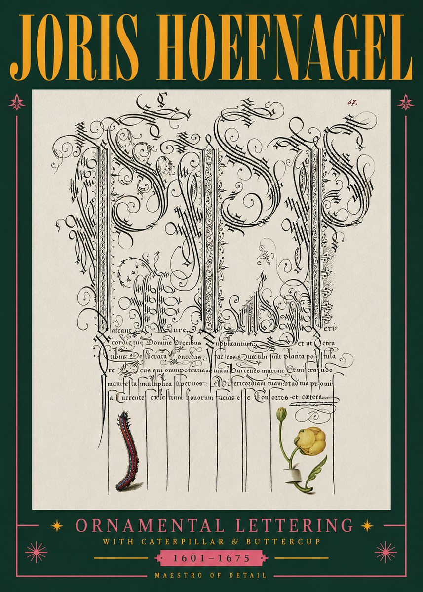 Joris Hoefnagel Ornamental Calligraphy with Caterpillar and Buttercup No5 - Plakat