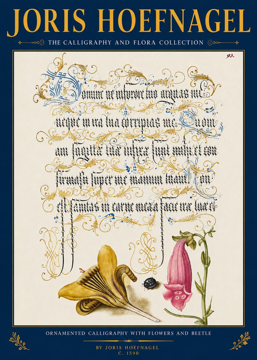 Joris Hoefnagel Ornamented Calligraphy with Flowers and Beetle No2 - Plakat