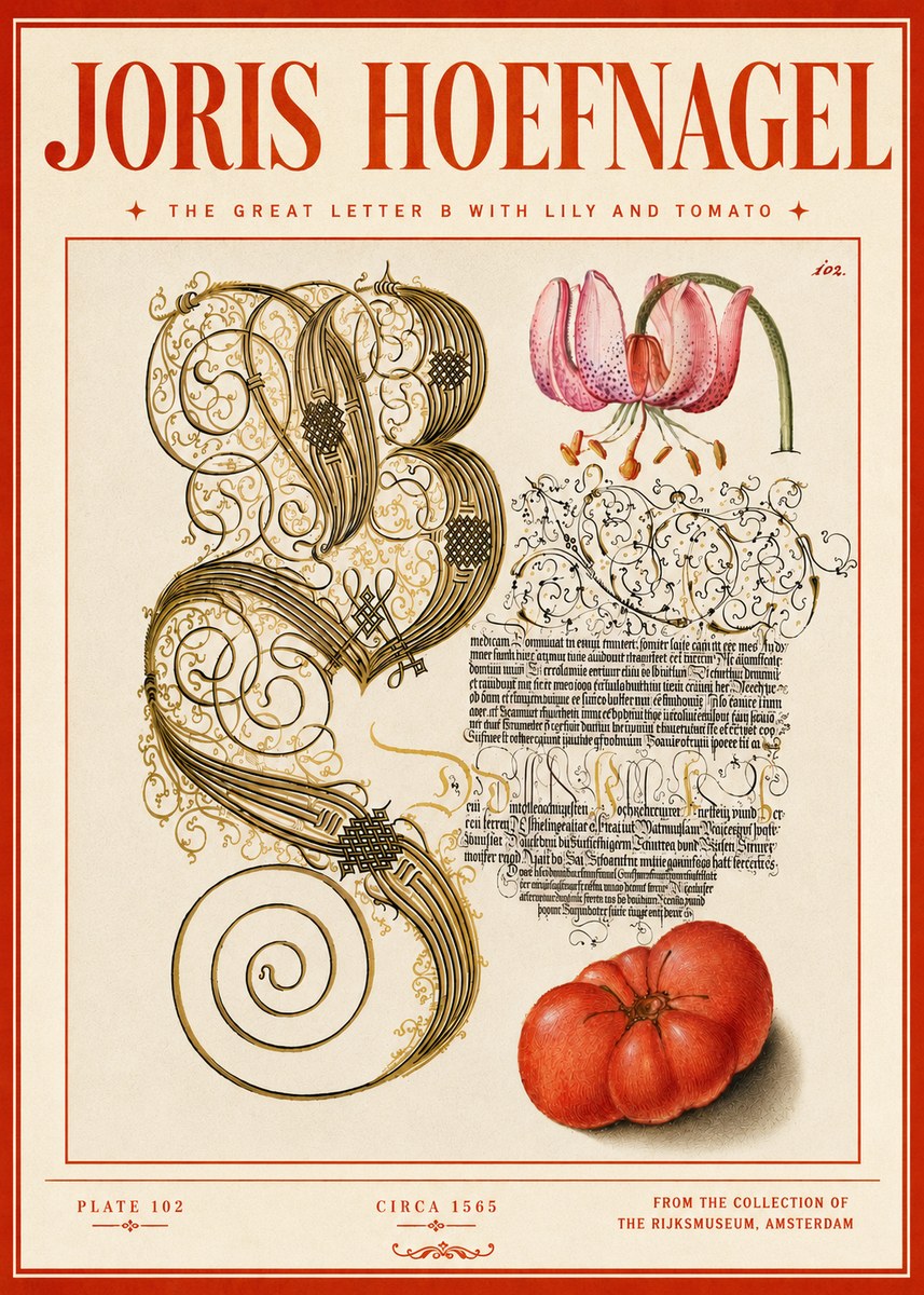 Joris Hoefnagel The Great Letter B with Lily and Tomato No5 - Plakat