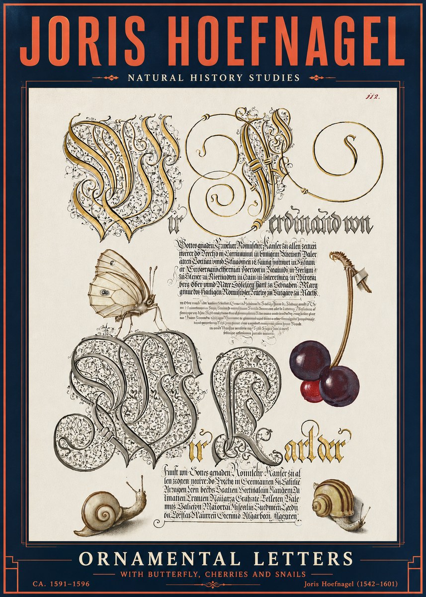 Joris Hoefnagel Ornamental Letters with Butterfly, Cherries and Snails No6 - Plakat